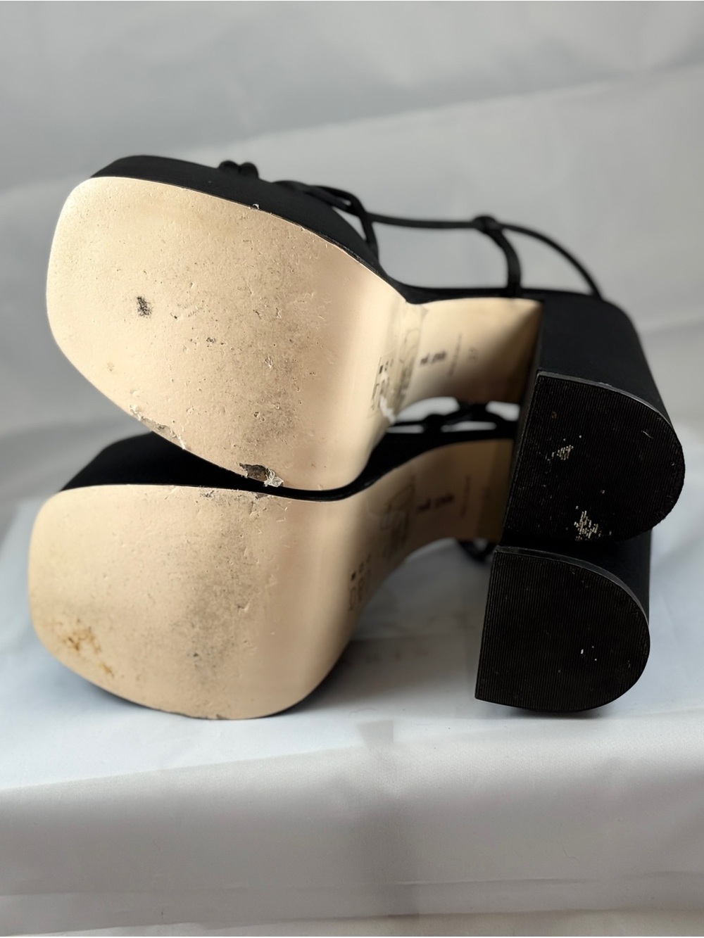 Cult Gaia Black Satin Platform Sandals - Strappy T-Strap Chunky Heel - Picture 6 of 6
